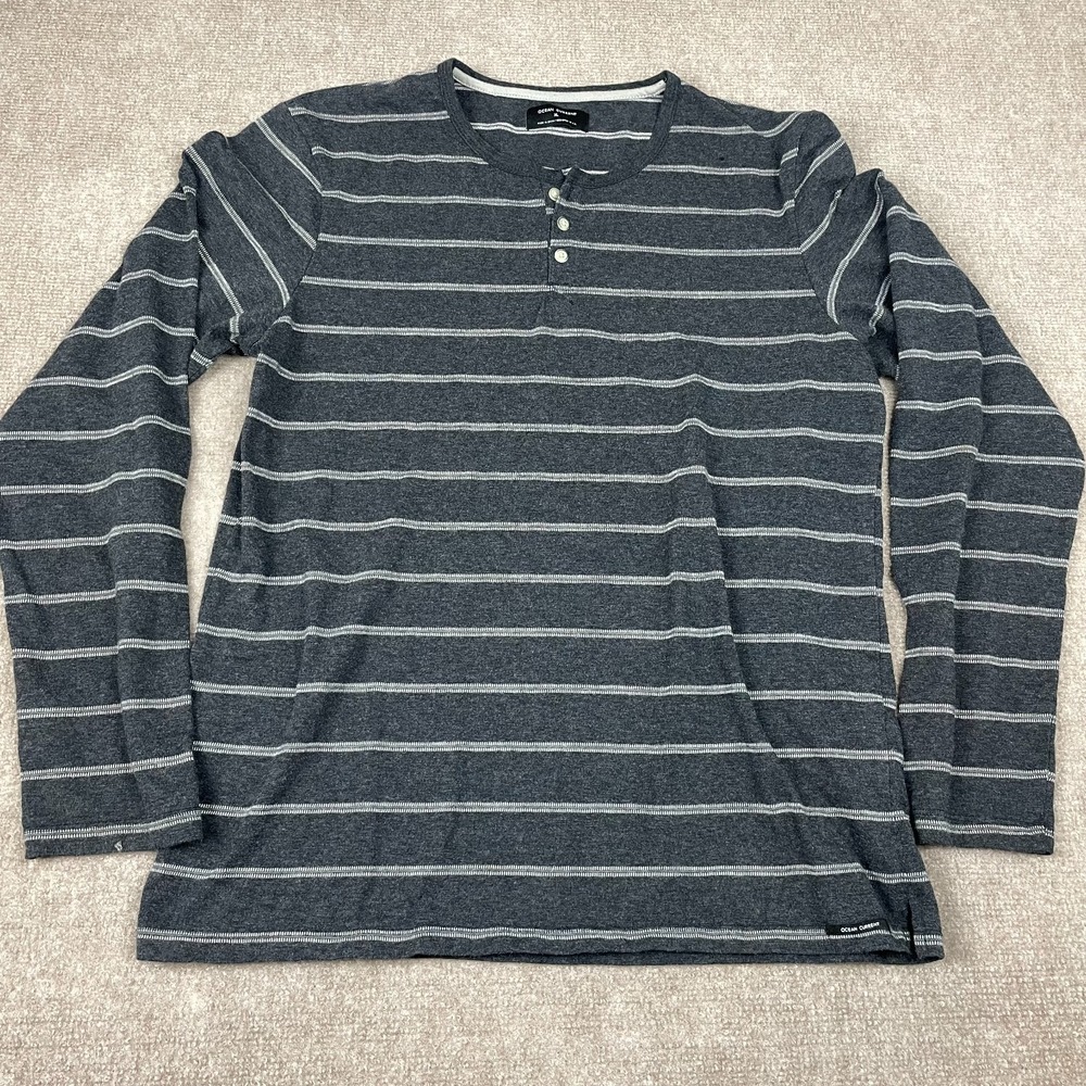 Ocean Current Henley Shirt Mens XL Gray White Striped Cotton Casual Long Sleeve